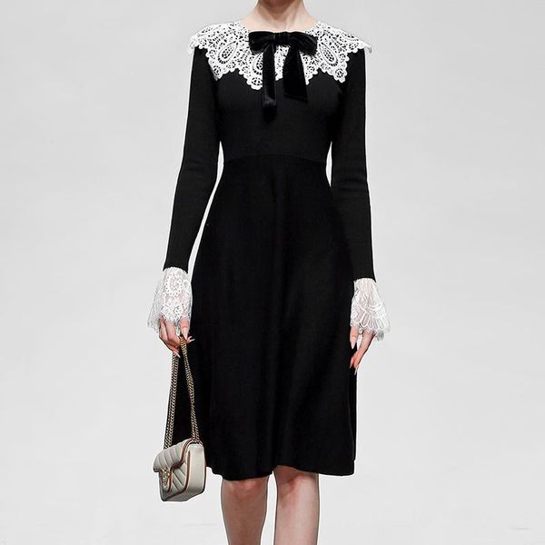 

casual dresses women vintage patchwork dress flare sleeve lace knitting sweater color matching autumn winter 2021 clothes, Black;gray