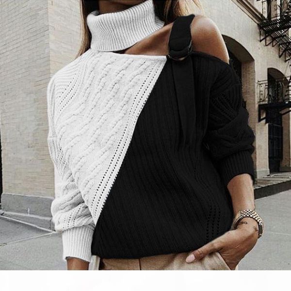 

women patchwork turtleneck sweater off shoulder buckle knitted pullover autumn winter long sleeve jumper pull knitwear, White;black