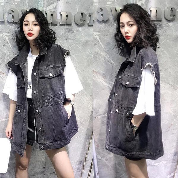 

2020 spring autumn women's vest new women's denim sleeveless jacket long slim female coat fashion leisure women clothing black1, Black;white