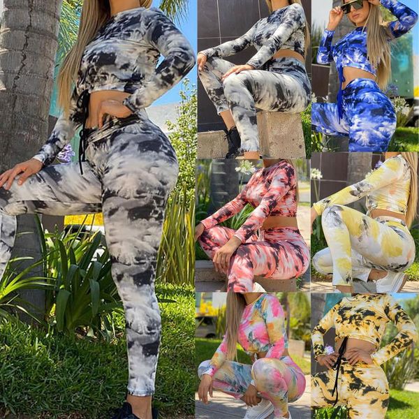 

yoga outfits sport set women printed tie-dye casual ladies long sleeve round neck pullover sportswear two-piece female slim fit, White;red
