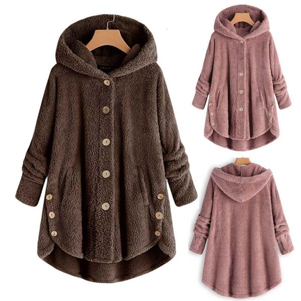 

women fluffy button coat winter fashion hooded pullover loose sweater blouse plush solid color warm casual coat, Black;brown