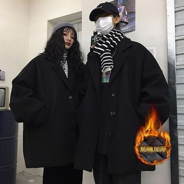 

men's wool & blends cotton heavy female students autumn winter korean loose and women's suits medium length black woolen coat