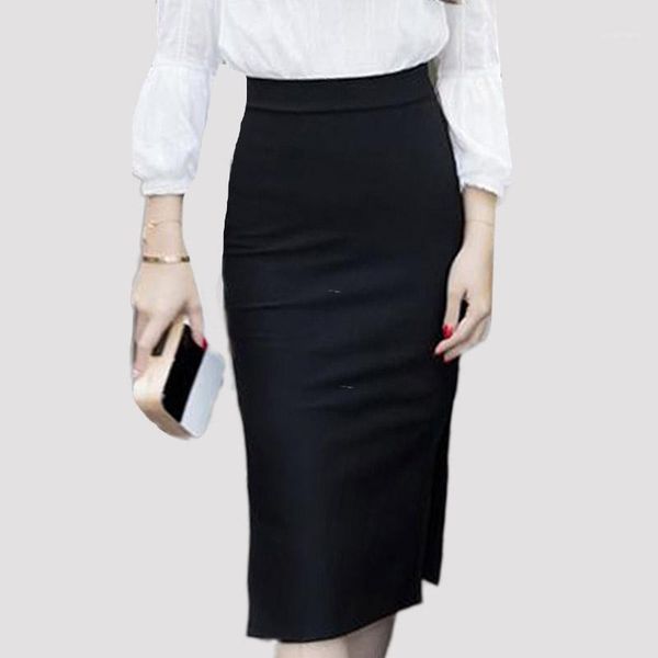 

2018 fashion skirt women slim bodycon pencil skirts high waist slit hem mid-calf formal skirt1, Black