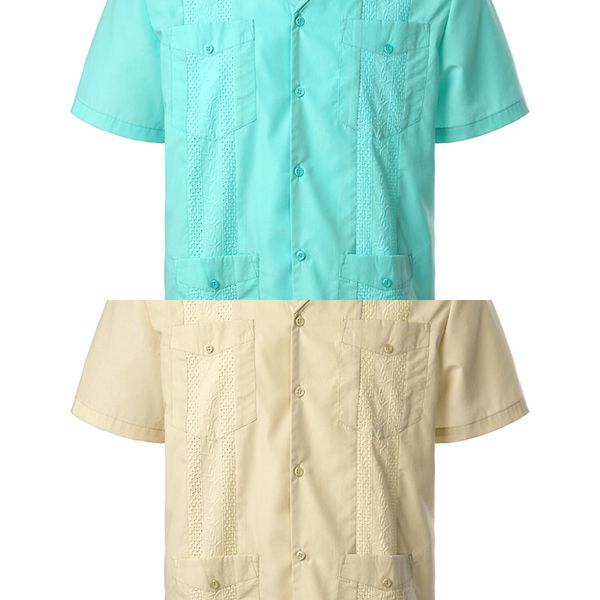 

men's traditional cuban camp collar guayabera shirt short sleeve embroidered mexican caribbean style beach shirt with 4 pocket c1210, White;black