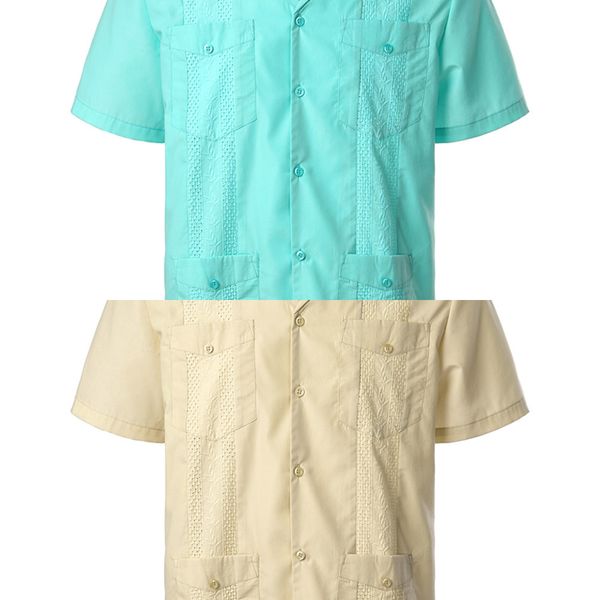 Chemise Guayabera à col de camp cubain traditionnel pour hommes à manches courtes brodée chemise de plage de style mexicain des Caraïbes avec 4 poches C1210