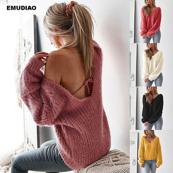 

backless bandage sweater woman autumn winter 2019 casual loose v neck sweater women feminine coat solid pullovers jumpers1, White;black