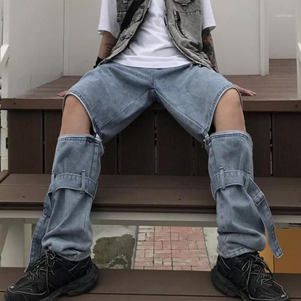 

zipper removable straight jeans summer women men street loose wide leg pants female hip hop ribbon harajuku boyfriend trousers1, Blue