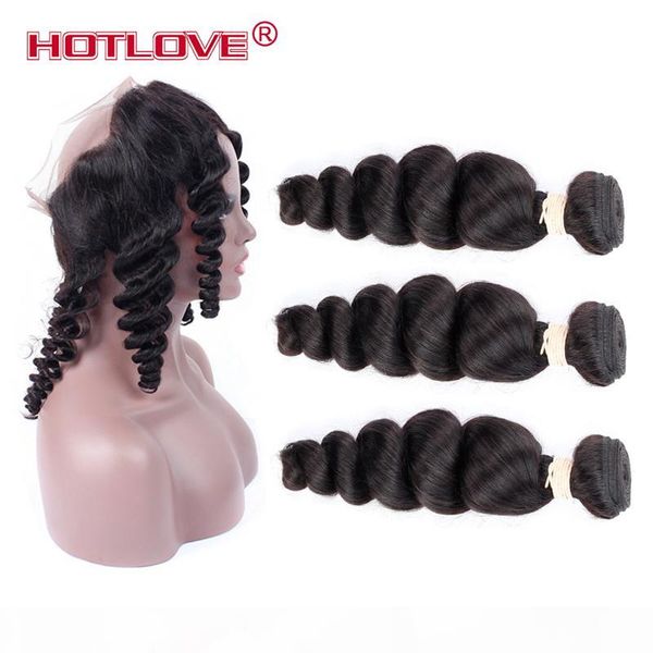 

360 full lace frontal closure with 3 bundles brazilian virgin human hair weave loose wave 2 bundle hair with pre plucked 360 frontal, Black;brown