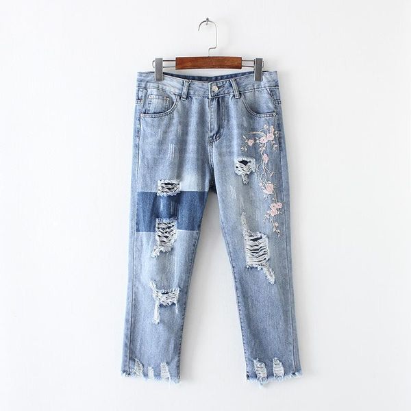 

2020 wash blue denim ripped cropped trousers - flowers embroidered destroyed & distressed jeans - frayed cuffs busted knee jeans1