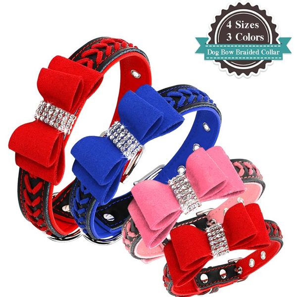 

bling rhinstone dog collar bowknot padded leather puppy cat pet collars braided for small medium dogs chihuahua yorkie wmtfwx