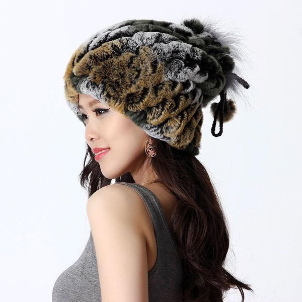 

beanie/skull caps 2021 autumn winter women's real knitted rex fur hats female neckrings function women beanies headgear vk1139, Blue;gray