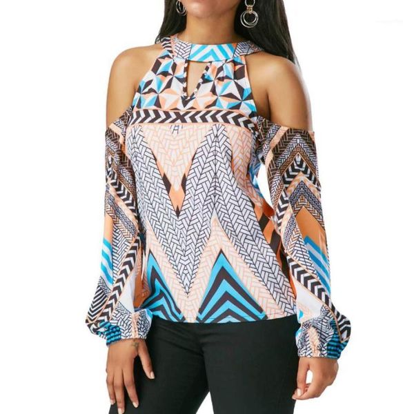 

women's off shoulder blouse retro geometry pattern blouse bohemia long sleeve mar231, White