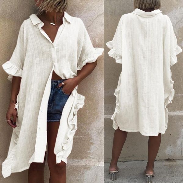 

women's blouses & shirts celmia vintage long women summer half sleeve ruffles casual loose female tunic buttons work blusas 5xl shirt, White