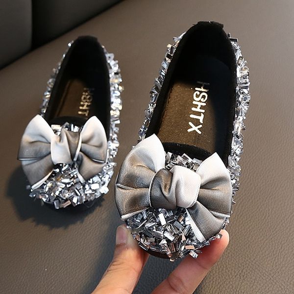 

ulknn autumn new girls shoes korean bow rhinestone princess shoes girls fashion wild soft sole shoes y201028, Black