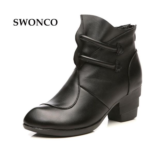 

boots swonco winter shoes ankle women genuine leather black high heels pumps 2021 block heel snow woman fur