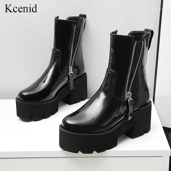 

boots kcenid woman platform patent leather square heel ankle fashion zipper winter shoes footwear size 34-431, Black