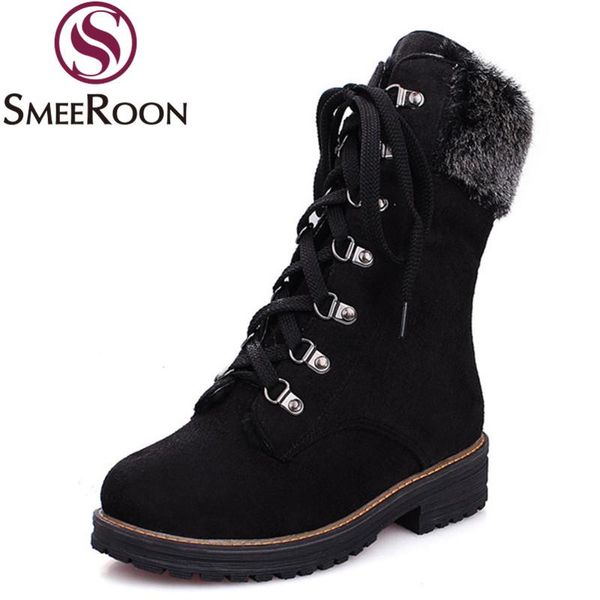 

boots smeeroon 2021 arrive fashion ankle low heel round toe lace up casual shoes comfortable flock solid color women, Black