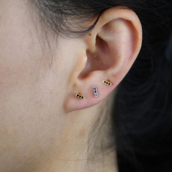 

stud real 925 sterling silver drop minimal jewelry stunning girl tiny bar pave black turquoises skinny earring gift, Golden;silver