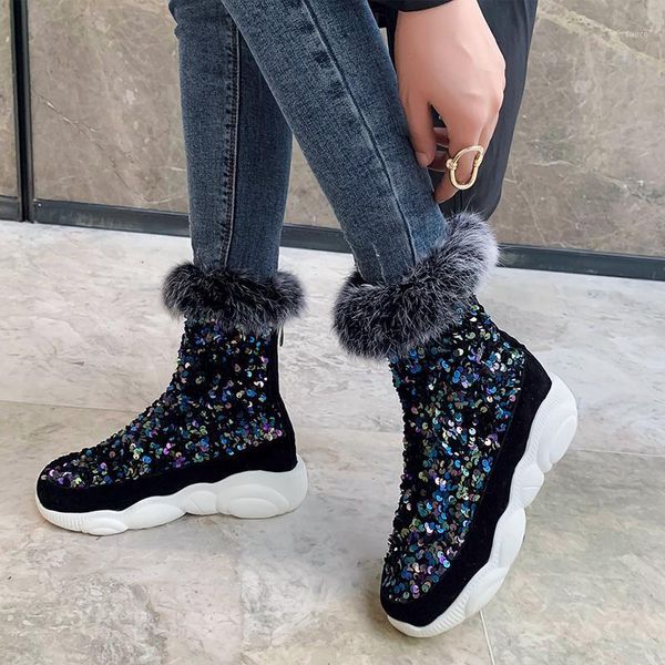 

boots fashion bling ankle round toe women shoes wedge heel platform zipper casual snow big size 34-431, Black