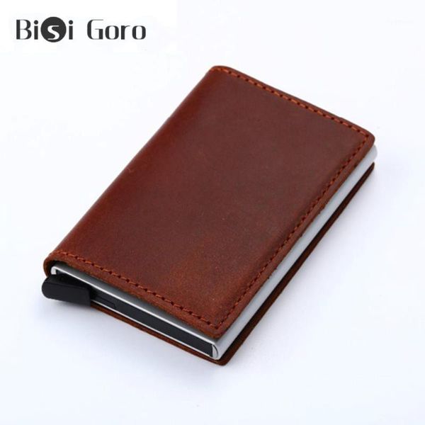 

bisi goro 2020 men genuine leather wallet crazy horse leather card holder vintage purse rfid aluminium business id card holder1, Red;black