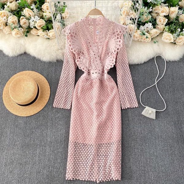 

2021 new temperament fashion hollow lace dress female v-neck ruffled slim mid-length women vestidos female uk968, Black;gray