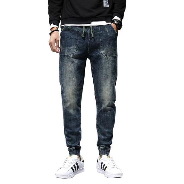 

men's jogging pants jeans tapered relaxed retro blue casual men jeans elastic waist drawstring harem pants trousers big size 42