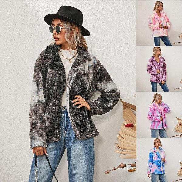 

autumn and winter new tie-dye printing double-sided plush long-sleeved double-breasted padded jacket coats for women, Black