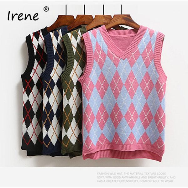 

irene sleeveless sweater women vest off shoulder knit pullover jumper winter outwear plaid vintage casual women's sweater vest1, White;black