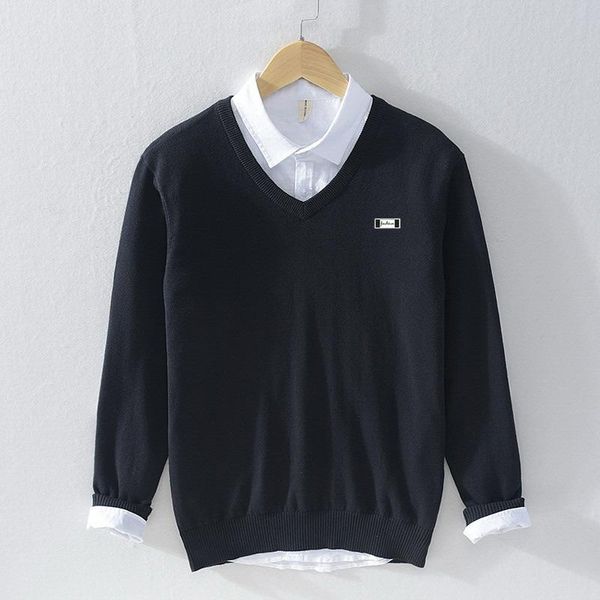 

men's sweaters 2021 100% cotton pullover v-neck sweater solid color long sleeve autumn slim men casual pull clothing, White;black