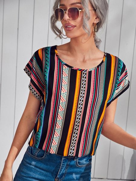

striped print scoop neck j9qo#, White