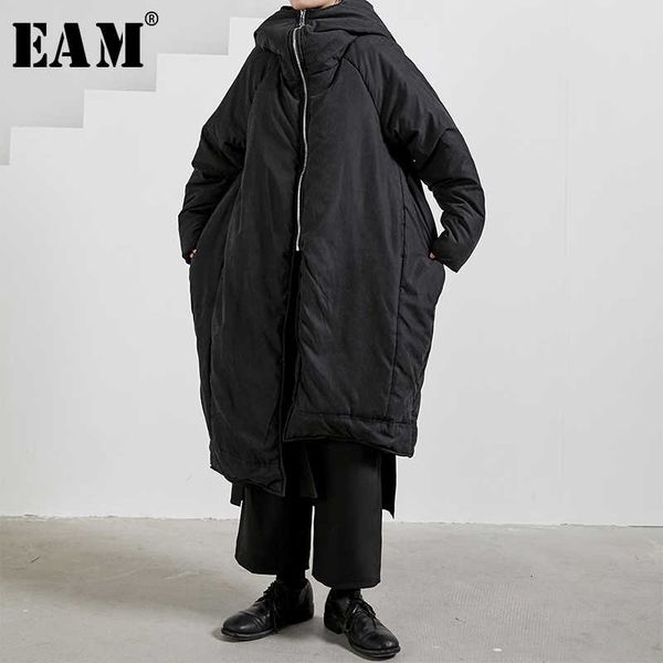 

eam] hooded black big size thick cotton-padded coat long sleeve loose fit women parkas fashion new spring autumn 1n323 201014