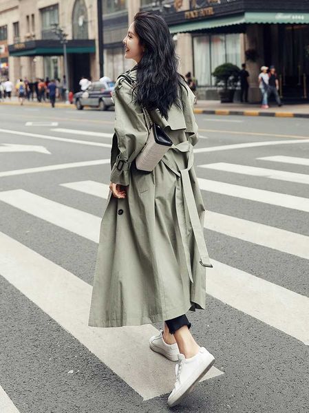 

trench 2020 new korean casual loose women's british style over the knee fashion temperament coat tide, Tan;black