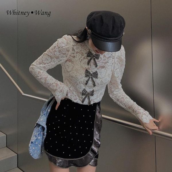 

whitney wang 2020 autumn fashion vintge style crystals beading bows lace blouse women blusas lady shirt party, White