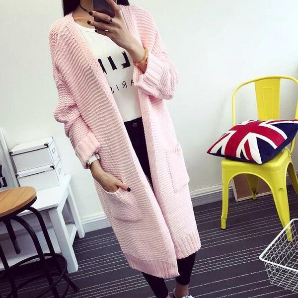 

wholesale- 2016 autumn new fashion women sweater long section cardigan sweater long sleeve loose knitted cardigan long sweaters coat1, White;black