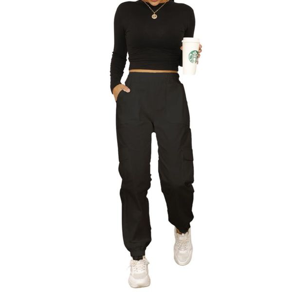 

women's casual cargo pants, elastic waist solid color workout jogger pants with pockets, Black;white