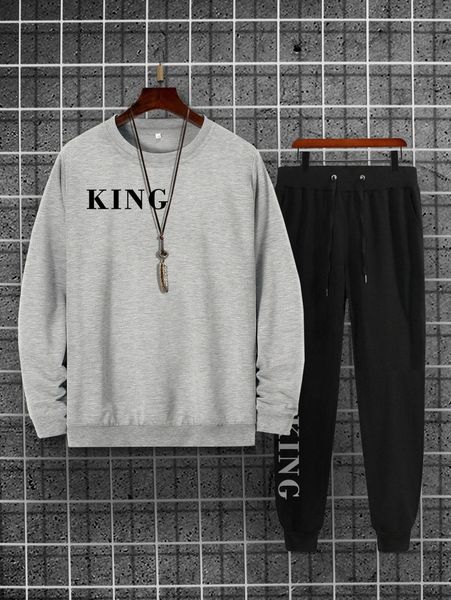 

men letter graphic pullover & slant pocket sweatpants d3e5#, Gray