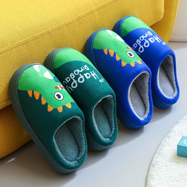 

winter cotton warm slippers boy girls anti-slip home shoes kids durable light soft sole plush slippers cartoon dinosaur 2-14t q1214, Black;grey