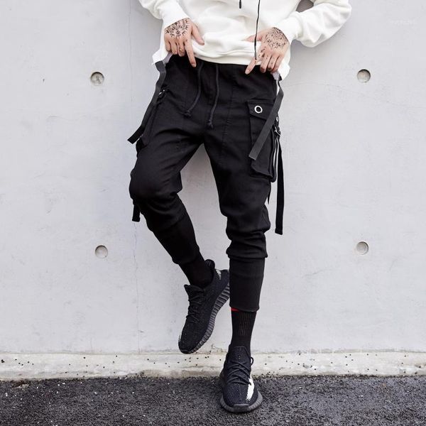 

2020 new men's clothing gd fashion hair stylist street hiphop low crotch multi pocket overalls harem pants costumes1, Black