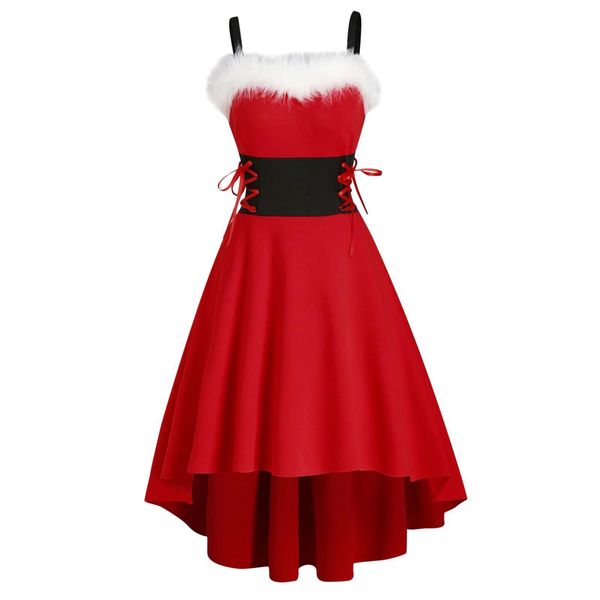 

40@ christmas dress women off shoulder christmas faux-fur lace up high low dress festival costume party dresses vestidos, Black;gray