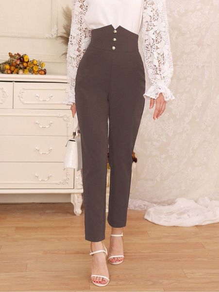 

button detail high waist pants l1sx#, Black;white