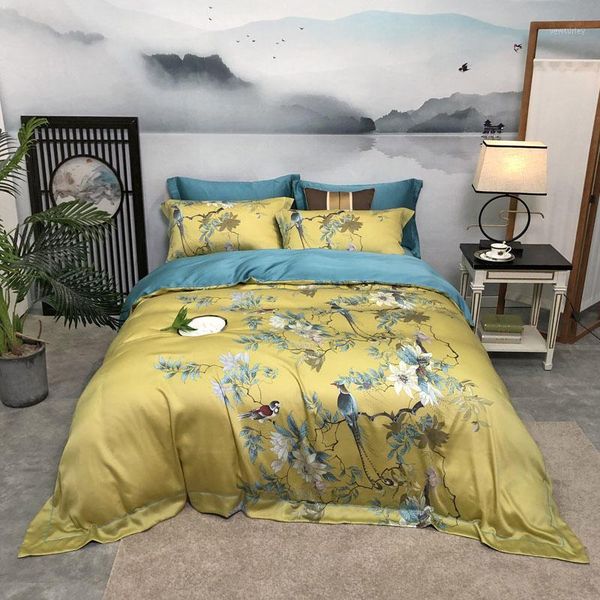 

yellow chinoiserie chic blossom duvet cover birds and tree branches tencel silk soft breathable bedding set bed sheet for summer1