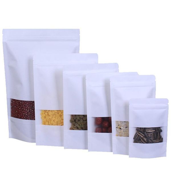 

white kraft paper mylar self-styled doypack bags with clear window food tea snack package storage bag stand up pack jllruz outbag2007