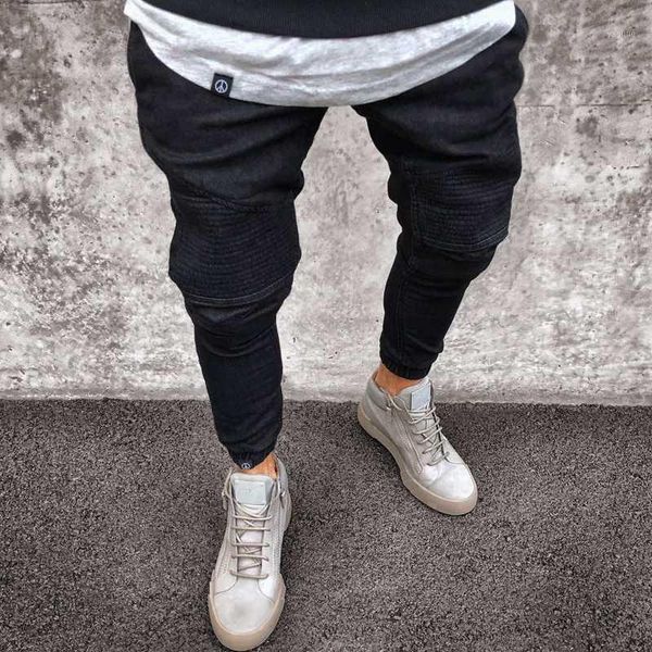 

mkass men's stretchy ripped skinny biker jeans destroyed slim fit denim pants elastic waist harem pants men jogger clothes1, Blue