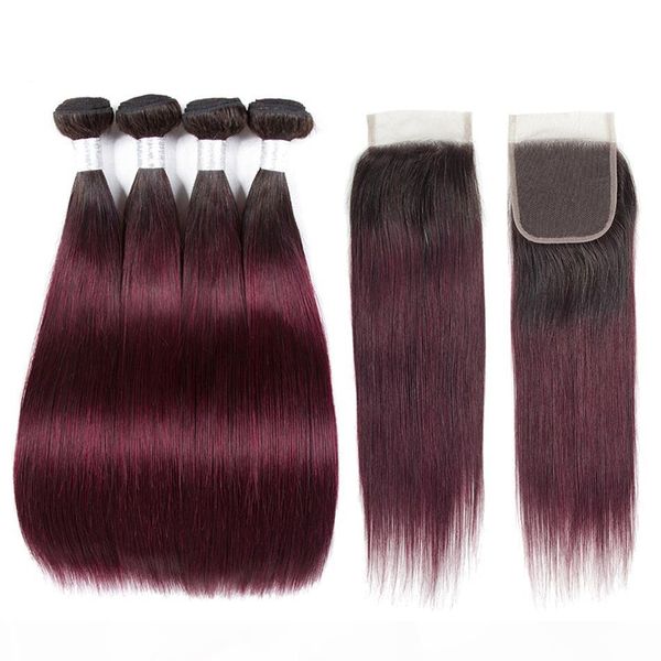 

1b 99j burgundy ombre brazilian straight hair ombre 3 bundles with closure 100% remy ombre human hair bundles with closure, Black;brown
