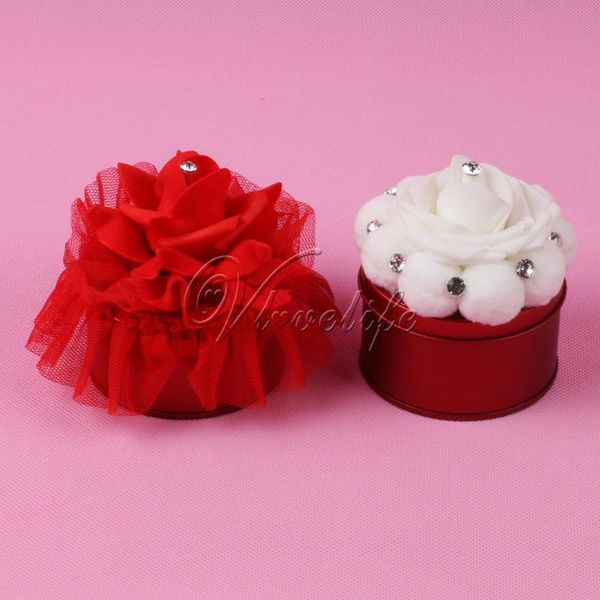 

gift wrap 10pcs round iron candy boxes with white/red rose flower for jewelry storage box money coin key wedding home decor