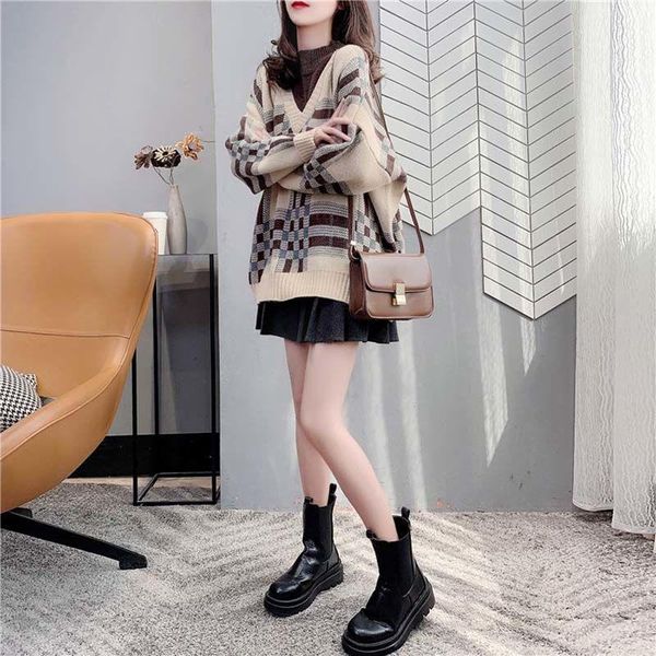 

women's sweaters fake two pieces loose retro plaid patchwork knitting woman femme chandails pull hiver, White;black