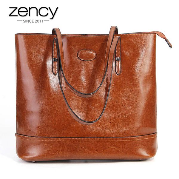 

zency 100% genuine leather fashion brown women shoulder bag large capacity shopping bags black tote handbag purses