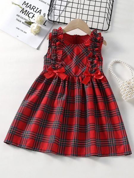 

toddler girls tartan ruffle trim bow front dress she, Red;yellow