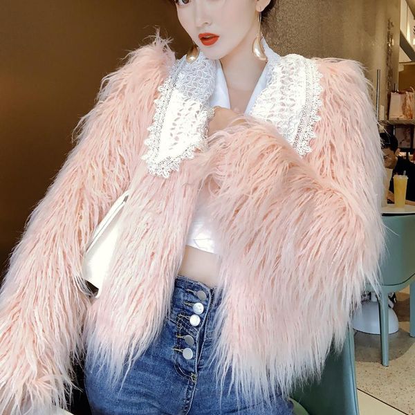 

women's fur & faux lucyever elegant raccoon dog coat womens lace lapel pink full sleeve cardigan hair length thick jackets for woman, Black