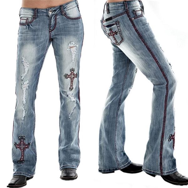 

vicabo women vintage embroidery hole jeans straight distressed denim pants casual fashion light bluetrousers ladies loose, Blue